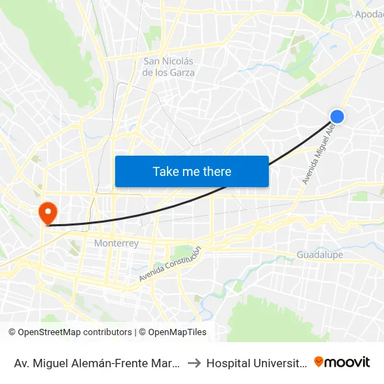 Av. Miguel Alemán-Frente Mary Kay to Hospital Universitario map