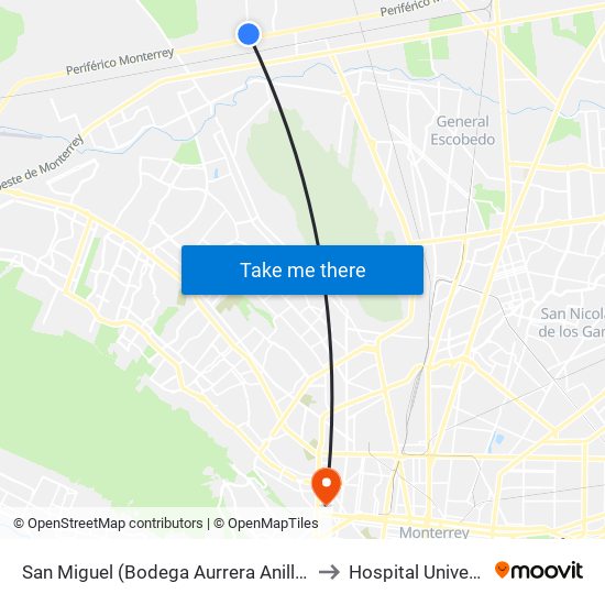 San Miguel (Bodega Aurrera Anillo Periférico) to Hospital Universitario map