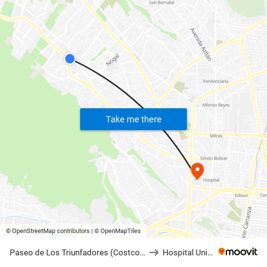 Paseo de Los Triunfadores (Costco Wholesale Cumbres) to Hospital Universitario map