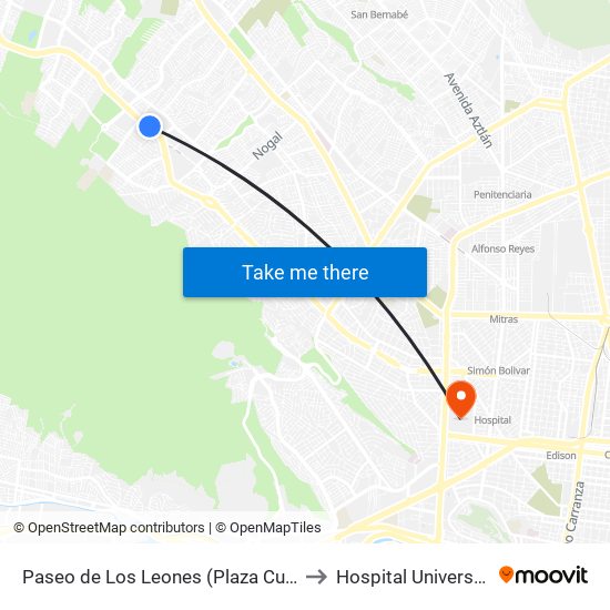 Paseo de Los Leones (Plaza Cumbres) to Hospital Universitario map