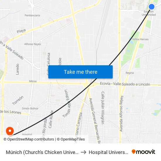 Múnich (Church's Chicken Universidad) to Hospital Universitario map