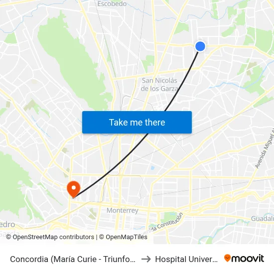 Concordia (María Curie - Triunfo Poniente) to Hospital Universitario map