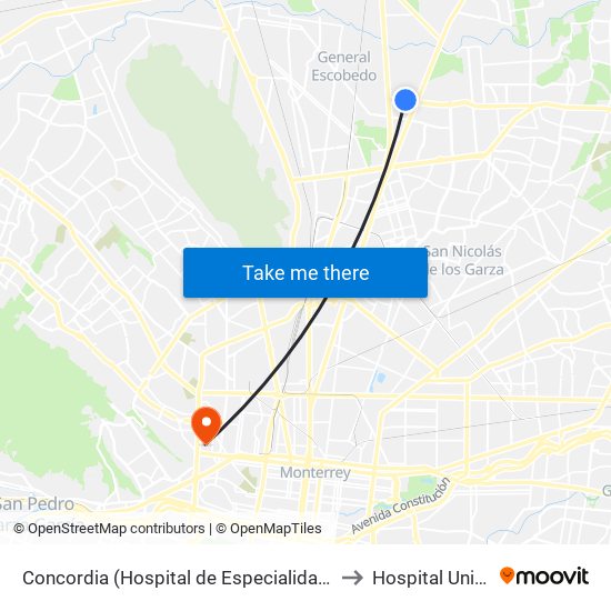 Concordia (Carretera A Laredo - Francisco Villa) to Hospital Universitario map