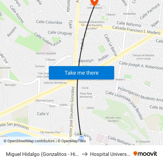Miguel Hidalgo (Gonzalitos - Himalaya) to Hospital Universitario map