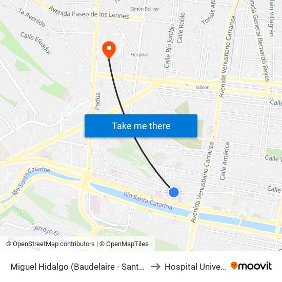 Miguel Hidalgo (Baudelaire - Santos Degollado) to Hospital Universitario map