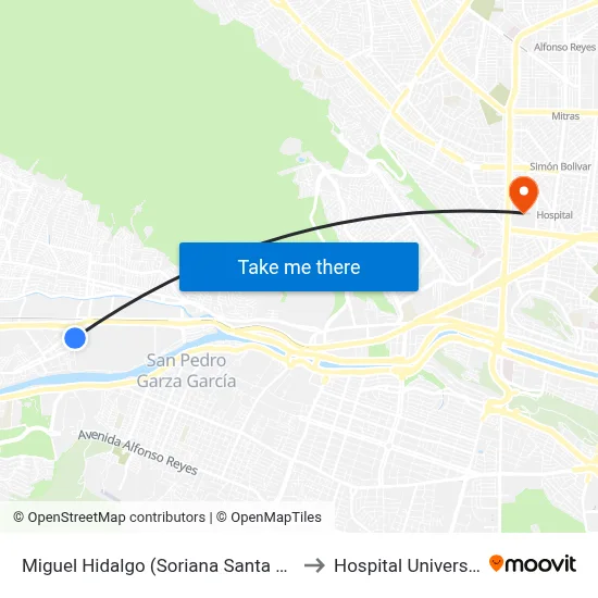 Miguel Hidalgo (Soriana Santa Catarina) to Hospital Universitario map