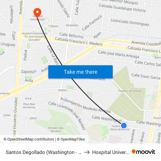 Santos Degollado (Washington - 5 de Mayo) to Hospital Universitario map