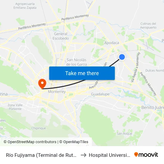 Río Fujiyama (Terminal de Ruta 222) to Hospital Universitario map