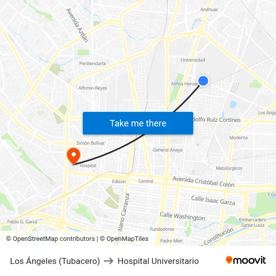 Los Ángeles (Tubacero) to Hospital Universitario map