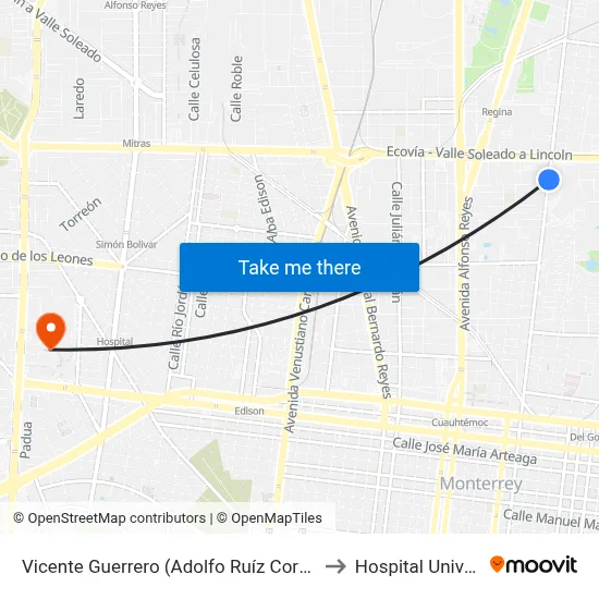 Vicente Guerrero (Adolfo Ruíz Cortines - Keramos) to Hospital Universitario map