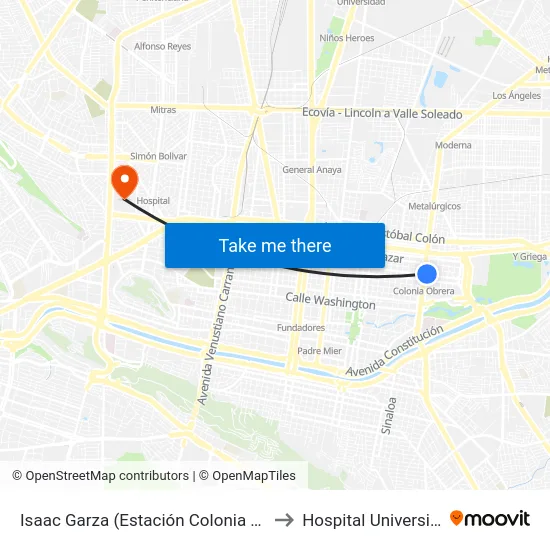 Isaac Garza (Estación Colonia Obrera) to Hospital Universitario map