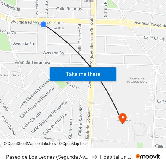 Paseo de Los Leones (Segunda Avenida - Distrito B-6) to Hospital Universitario map