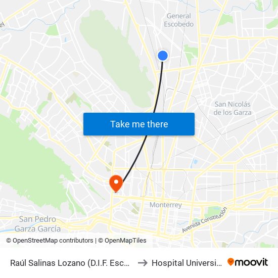 Raúl Salinas Lozano (D.I.F. Escobedo) to Hospital Universitario map