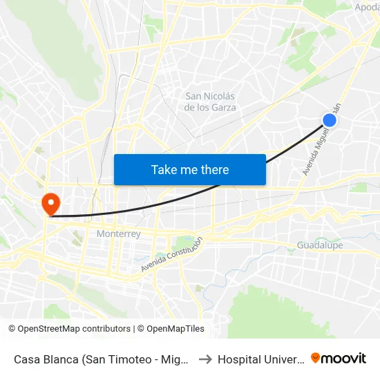 Casa Blanca (San Timoteo - Miguel Alemán) to Hospital Universitario map