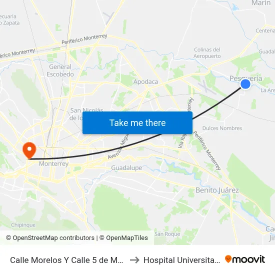 Calle Morelos Y Calle 5 de Mayo to Hospital Universitario map