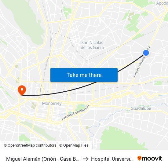 Miguel Alemán (Orión - Casa Blanca) to Hospital Universitario map