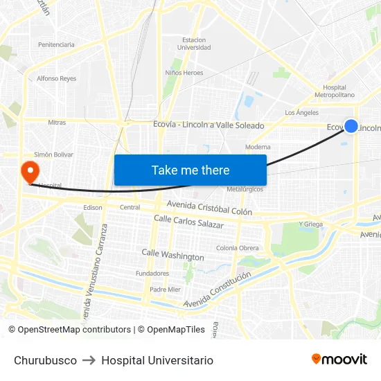 Churubusco to Hospital Universitario map