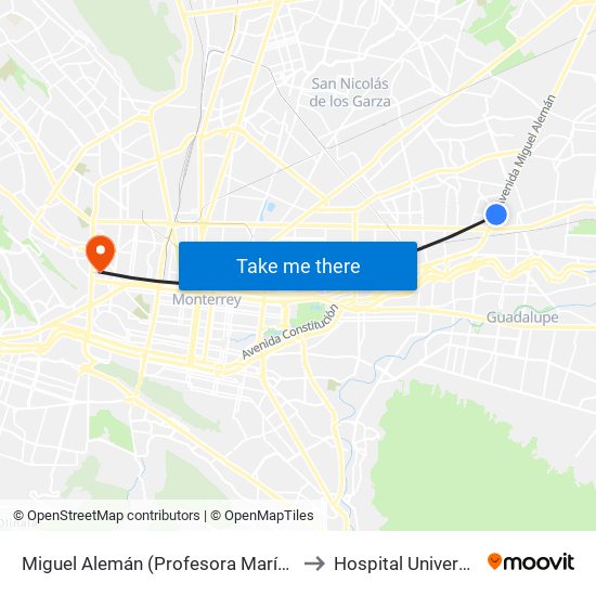 Miguel Alemán (Profesora María Valdez) to Hospital Universitario map