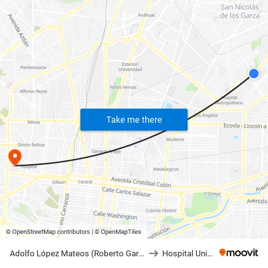 Adolfo López Mateos (Roberto Garza Sada - Lagrange) to Hospital Universitario map