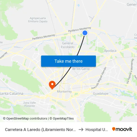 Carretera A Laredo (Libramiento Noroeste - Martín Luther King) to Hospital Universitario map