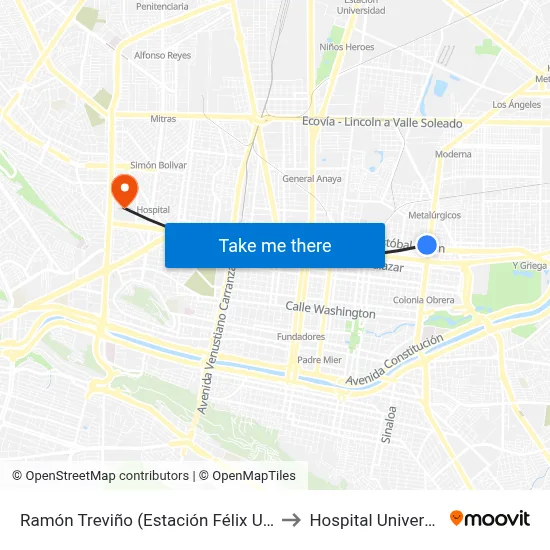 Ramón Treviño (Estación Félix U. Gómez) to Hospital Universitario map