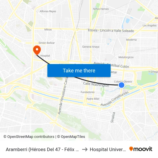 Aramberri (Héroes Del 47 - Félix U. Gómez) to Hospital Universitario map
