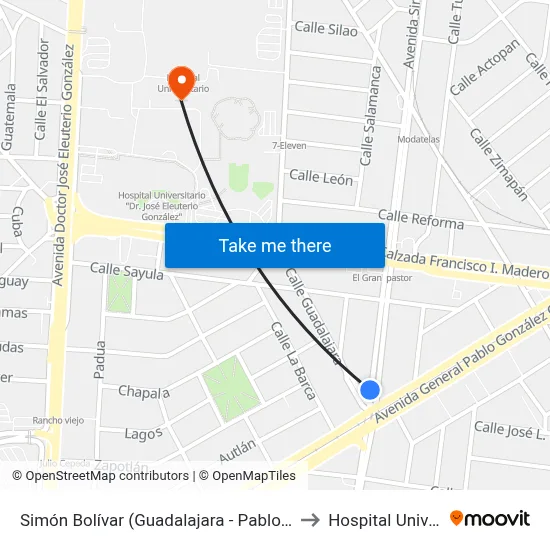 Simón Bolívar (Guadalajara - Pablo González Garza) to Hospital Universitario map