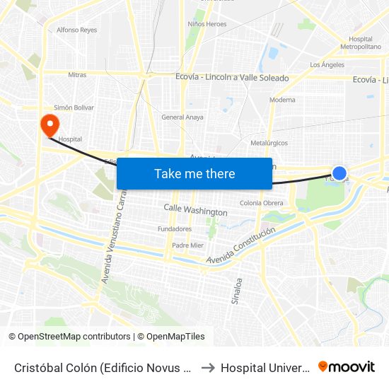 Cristóbal Colón (Edificio Novus Fundidora) to Hospital Universitario map
