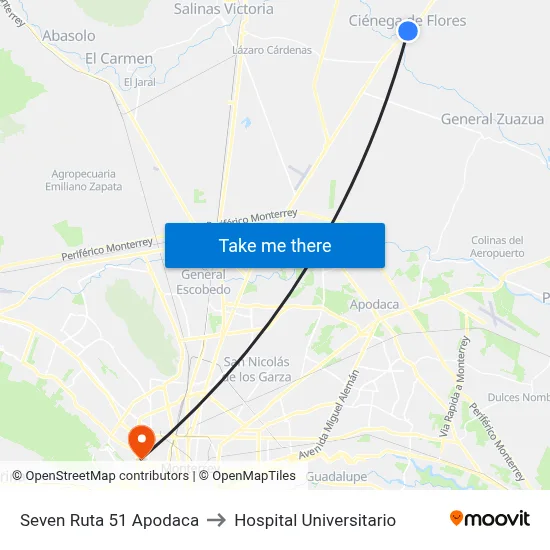 Seven  Ruta 51 Apodaca to Hospital Universitario map