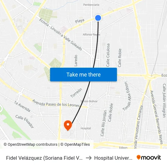 Fidel Velázquez (Soriana Fidel Velazquez) to Hospital Universitario map