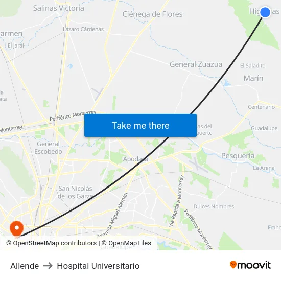 Allende to Hospital Universitario map
