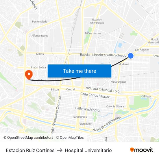 Estación Ruíz Cortines to Hospital Universitario map