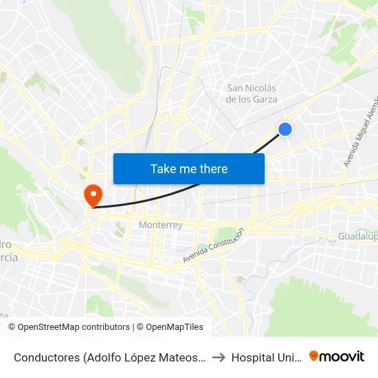 Conductores (Adolfo López Mateos - Camino A Apodaca) to Hospital Universitario map
