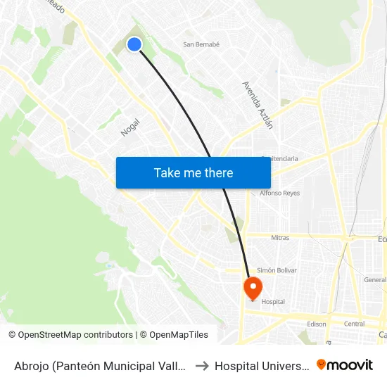 Abrojo (Panteón Municipal Valle Verde) to Hospital Universitario map