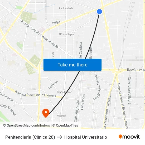 Penitenciaría (Clínica 28) to Hospital Universitario map