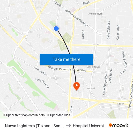 Nueva Inglaterra (Tuxpan - San Felipe) to Hospital Universitario map