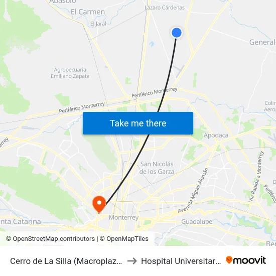 Cerro de La Silla (Macroplaza) to Hospital Universitario map