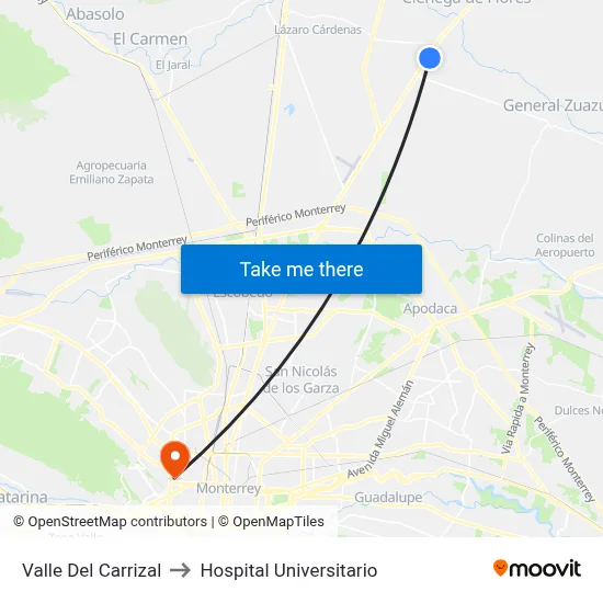 Valle Del Carrizal to Hospital Universitario map