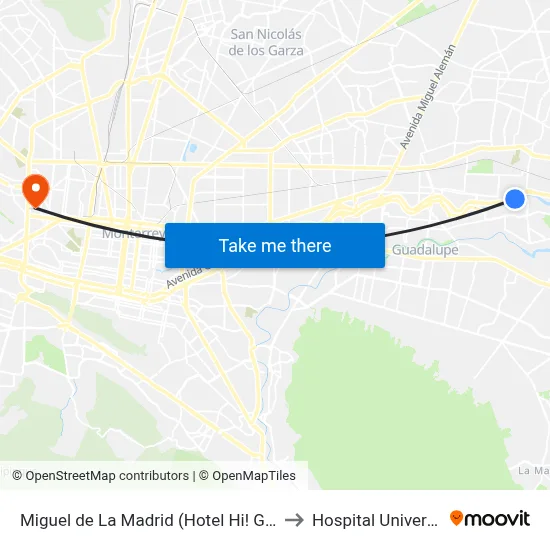 Miguel de La Madrid (Hotel Hi! Guadalupe) to Hospital Universitario map