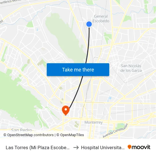Las Torres (Mi Plaza Escobedo) to Hospital Universitario map