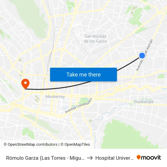 Rómulo Garza (Las Torres - Miguel Alemán) to Hospital Universitario map