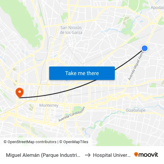 Miguel Alemán (Parque Industrial Omolap) to Hospital Universitario map
