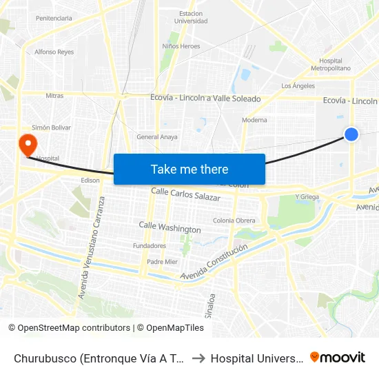 Churubusco (Entronque Vía A Tampico) to Hospital Universitario map