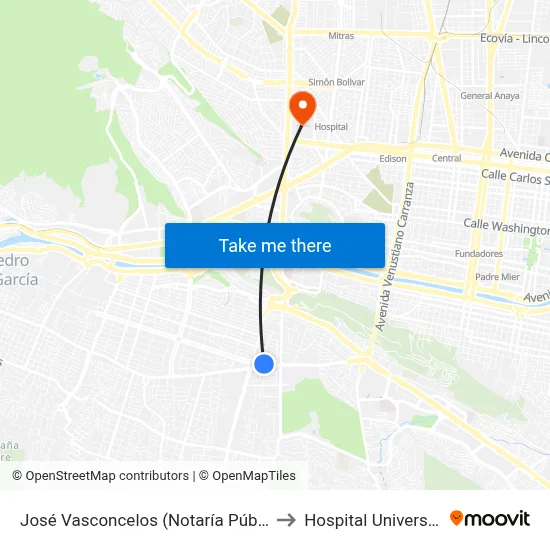 José Vasconcelos (Notaría Pública 47) to Hospital Universitario map