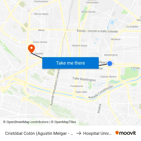 Cristóbal Colón (Agustín Melgar - Félix U. Gómez) to Hospital Universitario map