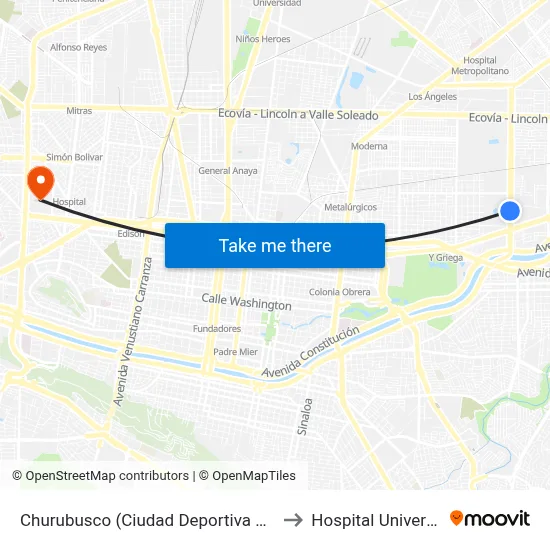 Churubusco (Ciudad Deportiva Monterrey) to Hospital Universitario map