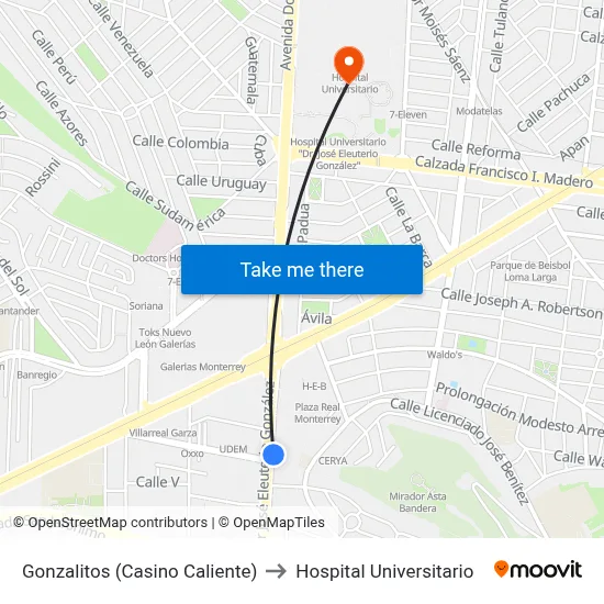 Gonzalitos (Casino Caliente) to Hospital Universitario map