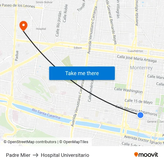 Padre Mier to Hospital Universitario map