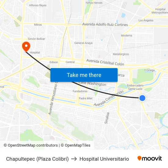 Chapultepec (Plaza Colibrí) to Hospital Universitario map