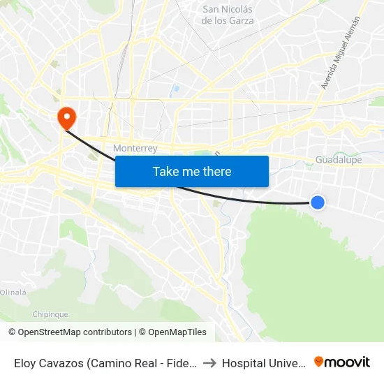 Eloy Cavazos (Camino Real - Fidel Velázquez) to Hospital Universitario map